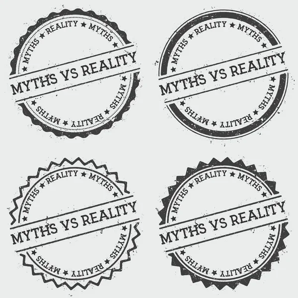Μύθοι vs πραγματικότητα διακριτικά σφραγίδα απομονώνονται σε λευκό φόντο Grunge στρογγυλή hipster σφραγίδα με το κείμενο — Διανυσματικό Αρχείο