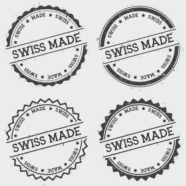 Штамп швейцарского производства, выделенный на белом фоне Круглая круглая печать хипстера с текстовыми чернилами — стоковый вектор