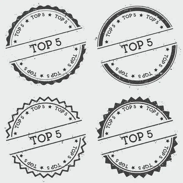 Haut 5 insignes isolés sur fond blanc Grunge rond sceau hipster avec texture d'encre de texte — Image vectorielle