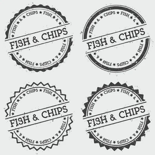 Fish Chips Abzeichen Stempel isoliert auf weißem Hintergrund Grunge runde Hipster-Siegel mit Textfarbe — Stockvektor
