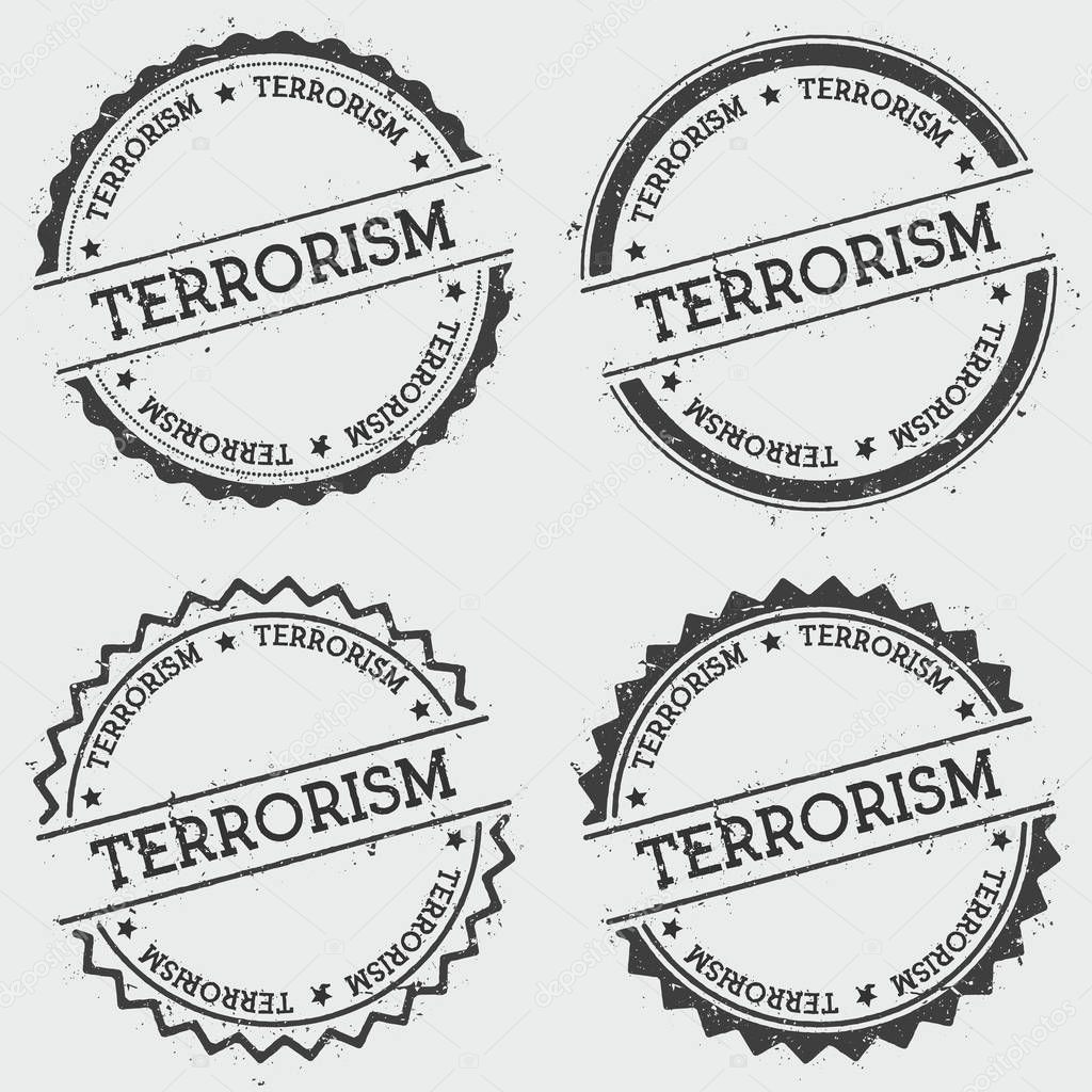 Terrorism insignia stamp isolated on white background Grunge round hipster seal with text ink