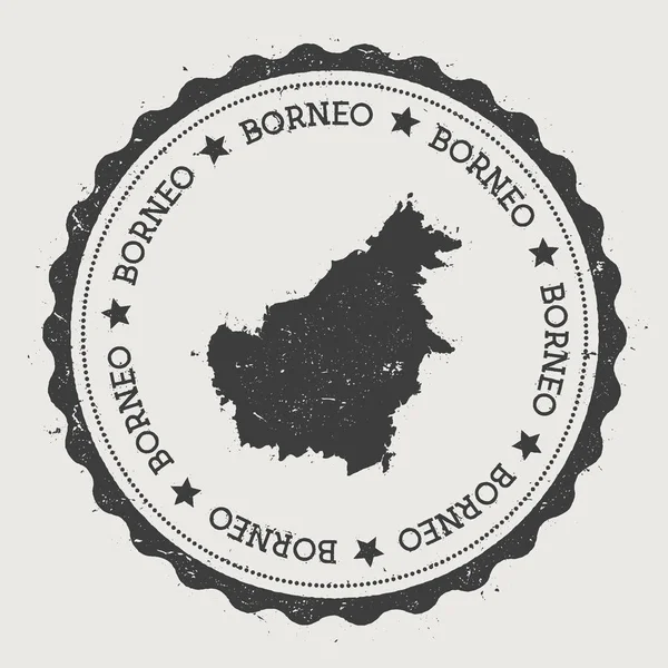 Etiqueta engomada Borneo Hipster ronda sello de goma con mapa de la isla Vintage signo de pasaporte con texto circular — Archivo Imágenes Vectoriales