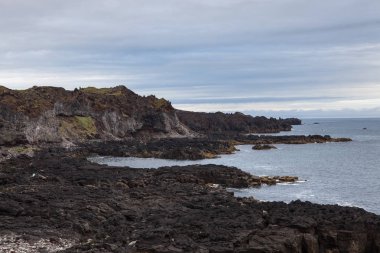 Melankolik İzlanda manzara ile deniz ve görünümü üzerinde siyah volkanik lav alanlarını