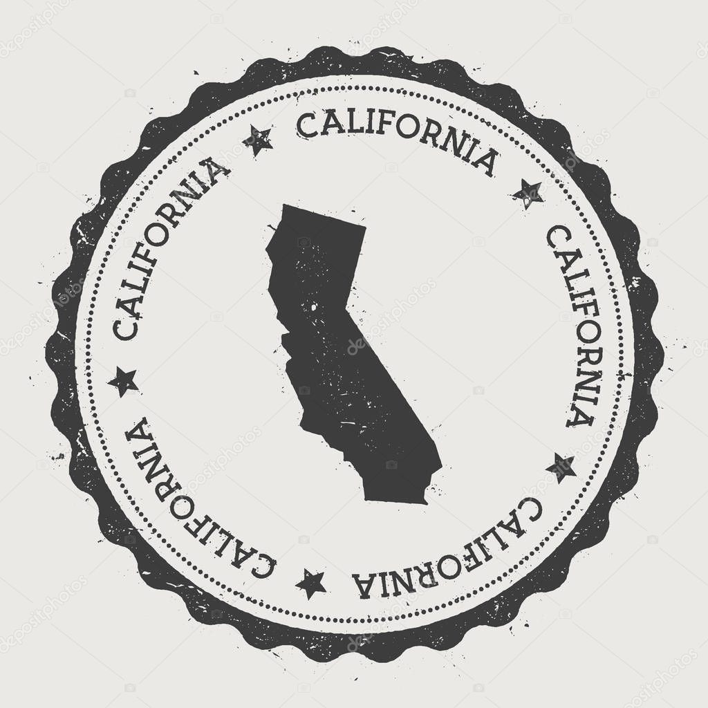 California vector sticker Hipster round rubber stamp with US state map Vintage passport stamp with
