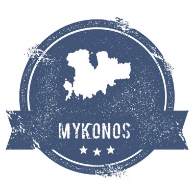 Mykonos logo işareti seyahat lastik damga adı ve ada vektör çizim Haritası olabilir