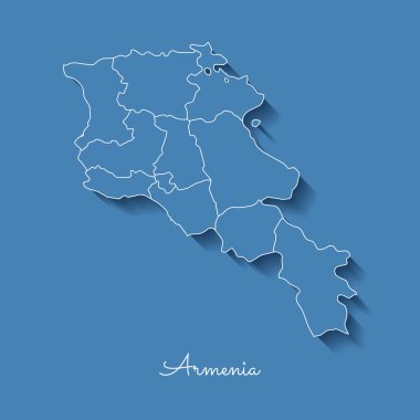 Beyaz anahat ve mavi arka plan, Ermenistan'ın detaylı haritası üzerindeki gölge ile Ermenistan bölge harita mavi