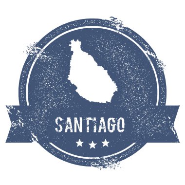 Santiago Adası logo işareti seyahat lastik damga adı ve ada vektör çizim Haritası
