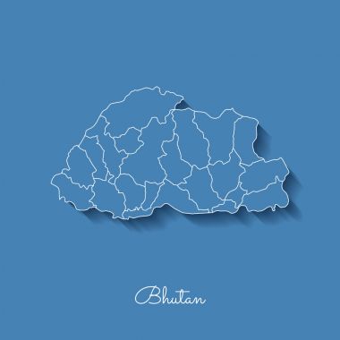 Bhutan bölgesi harita mavi beyaz anahat ve gölge üzerinde mavi arka plan detaylı Bhutan Haritası
