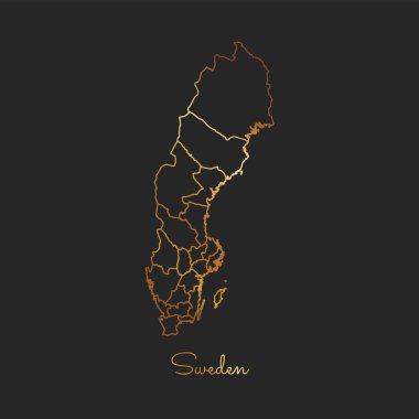 İsveç bölgesi harita altın gradyan anahat koyu arka plan detaylı harita İsveç bölgeler üzerinde