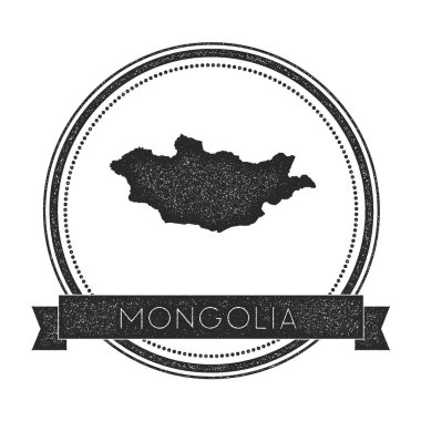 Retro sıkıntılı Moğolistan rozeti ile harita Hipster yuvarlak lastik damgası ile ülke adı bayrak