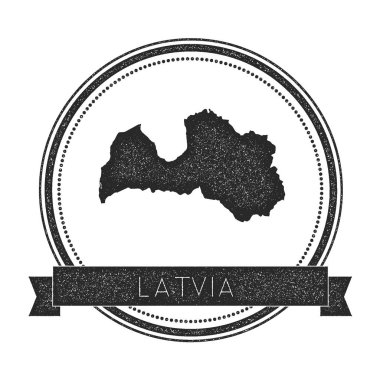 Retro sıkıntılı Letonya rozeti ile harita Hipster lastik damgası ile ülke adı afiş vektör yuvarlak