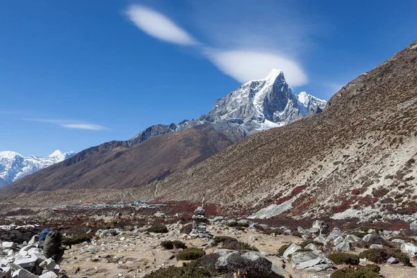 Hermoso paisaje del Himalaya con pico de montaña en el horizonte y arbustos de agracejo en la montaña — Foto de Stock