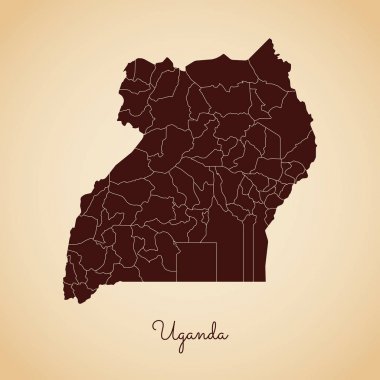Uganda bölgesi harita retro tarzı kahverengi anahat eski kağıt arka planda ayrıntılı harita Uganda