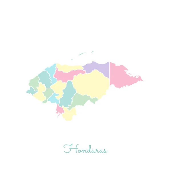 Honduras régió megjelenítése színes, fehér körvonallal részletes Honduras régiók vektoros térképe — Stock Vector