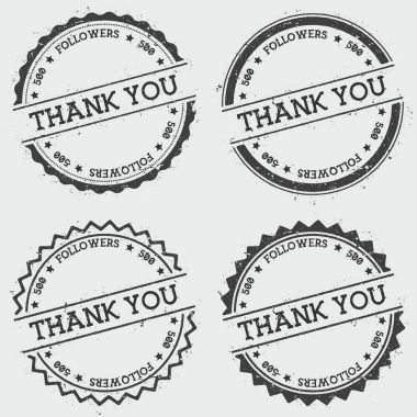 Teşekkür ederim 500 takipçileri Insignia damga Grunge hipster mühür ile yuvarlak beyaz arka plan üzerinde izole
