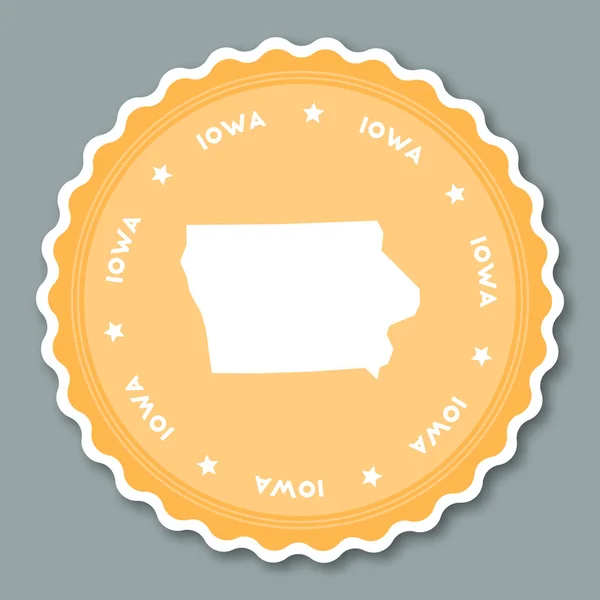 Adesivo Iowa design piatto Distintivi rotondi in stile piatto di colori alla moda con la mappa di stato e il nome Stati Uniti — Vettoriale Stock