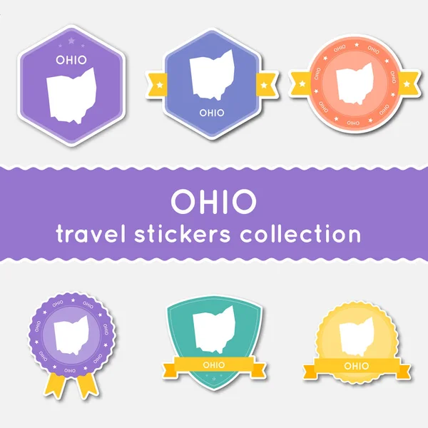 Colección de pegatinas de viaje de Ohio Gran conjunto de pegatinas con mapa del estado de Estados Unidos y nombre Estilo de material plano — Vector de stock