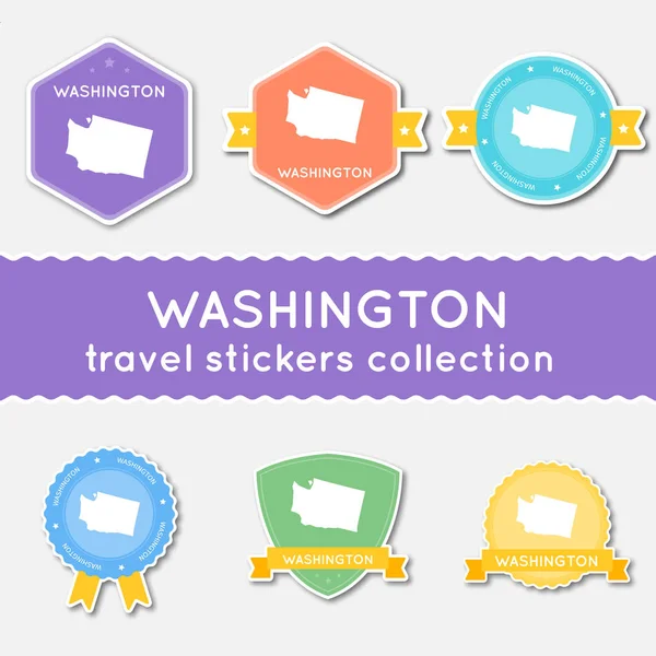 Colección de pegatinas de viaje de Washington Gran conjunto de pegatinas con mapa del estado de Estados Unidos y nombre Material plano — Vector de stock