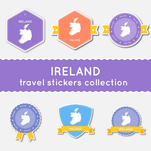 Irland travel klistermärken samling stora uppsättning klistermärken med land karta och namn platta material — Stock vektor