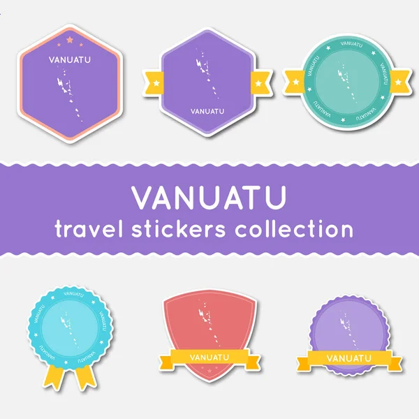 Collection d'autocollants de voyage Vanuatu Grand ensemble d'autocollants avec carte du pays et nom Matériau plat — Image vectorielle