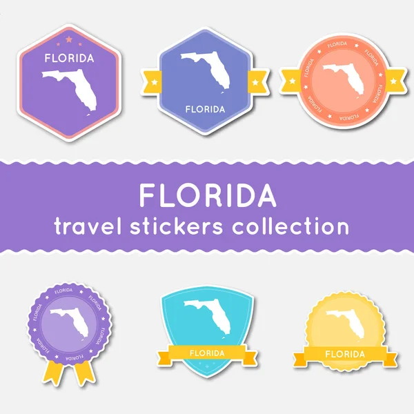 Colección de pegatinas de viaje de Florida Gran conjunto de pegatinas con mapa del estado de EE.UU. y nombre Material plano — Vector de stock