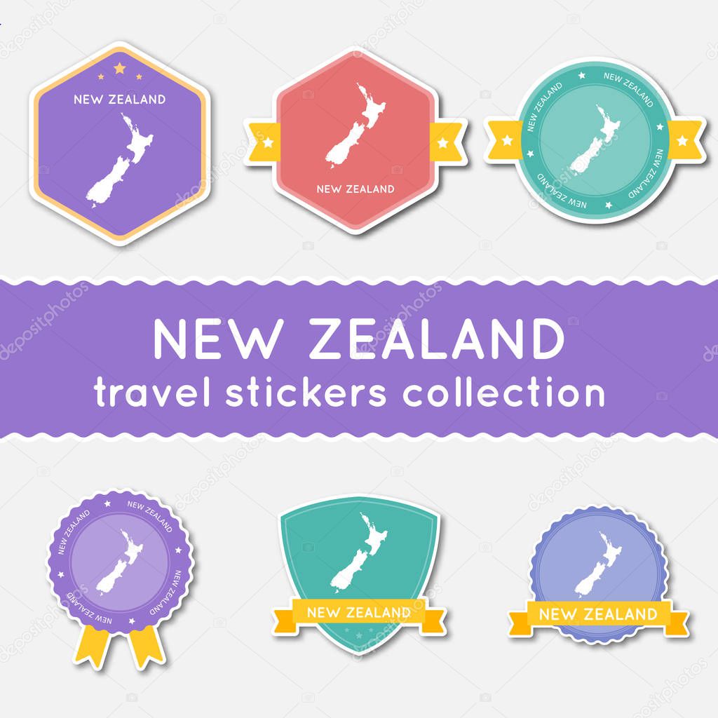 New Zealand travel stickers collection Big set of stickers with country map and name Flat material