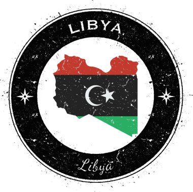 Libya dairesel vatansever rozet Grunge lastik damgası ulusal bayrak harita ve yazılı Libya ile