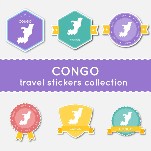 Congo coleção de adesivos de viagem Grande conjunto de adesivos com mapa do país e nome Estilo de material plano — Vetor de Stock