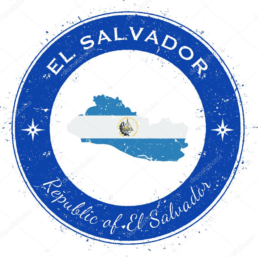 El Salvador circular patriotic badge. Grunge rubber stamp with national flag, map and the El Salvador written along circle border, vector illustration.