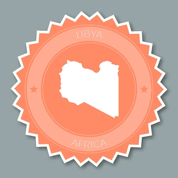 Libia insignia diseño plano redondo estilo plano etiqueta engomada de colores de moda con mapa de país y nombre — Vector de stock