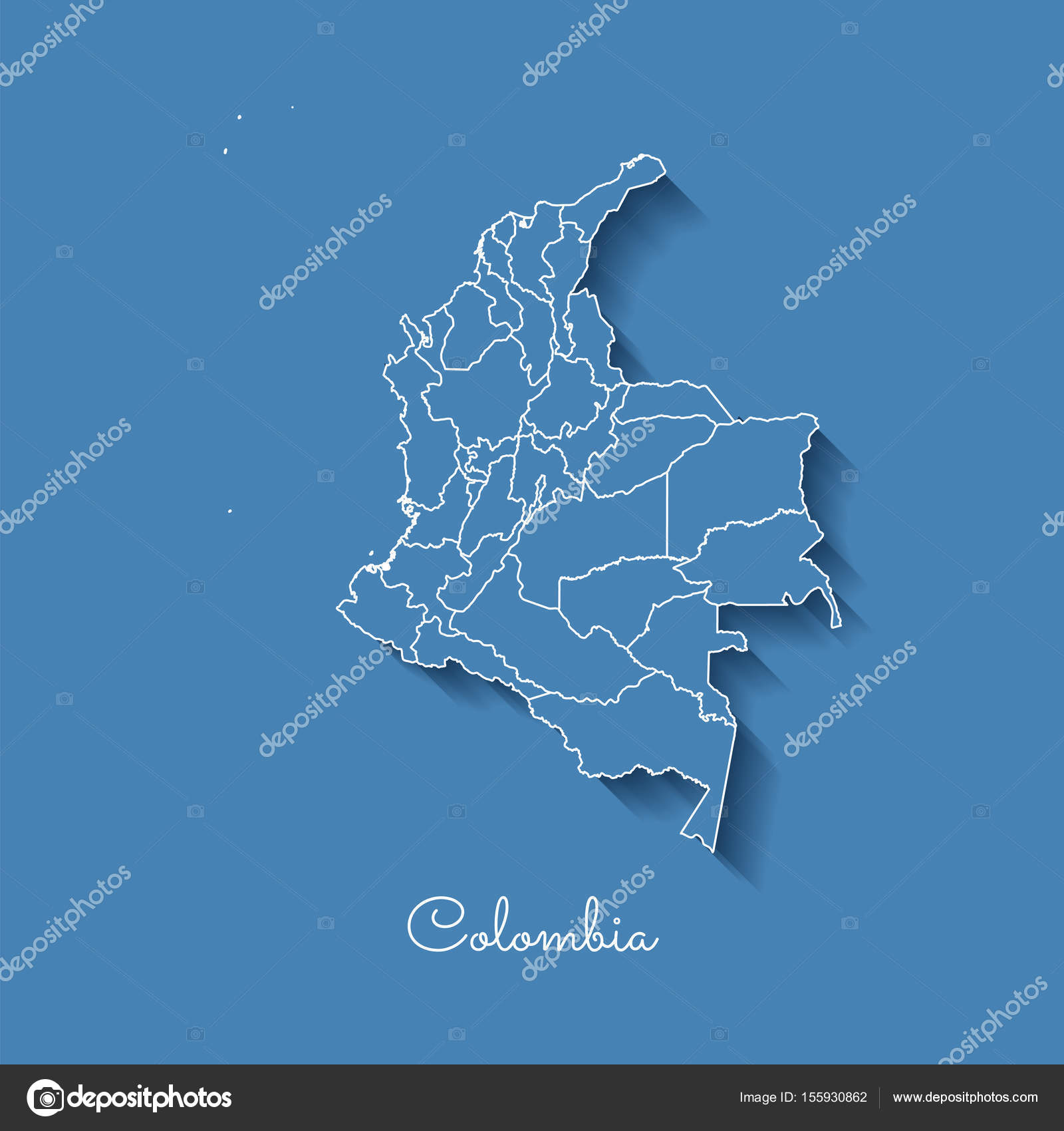 Colombia Region Map Blue With White Outline And Shadow On Blue