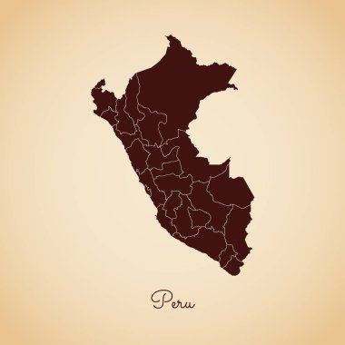 Peru bölgesi harita retro tarzı kahverengi anahat eski kağıt arka planda ayrıntılı harita Peru bölgelerinde