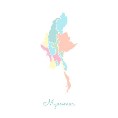 Myanmar bölgesi Haritası ayrıntılı Beyaz anahat ile renkli harita Myanmar bölgelerinde vektör
