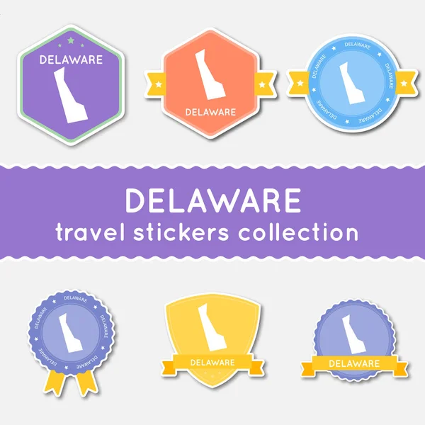 Delaware coleção de adesivos de viagem Grande conjunto de adesivos com mapa do estado dos EUA e nome Material plano —  Vetores de Stock