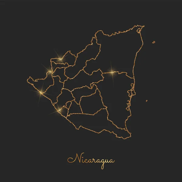 Nicaragua region map golden glitter outline with sparkling stars on dark background Detailed map — Stock Vector