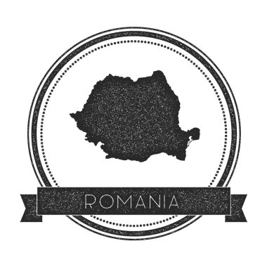 Retro sıkıntılı Romanya rozeti ile harita Hipster lastik damgası ile ülke adı afiş vektör yuvarlak