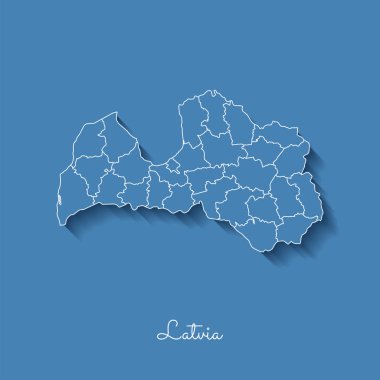 Letonya bölgesi harita mavi beyaz anahat ve gölge üzerinde mavi arka plan detaylı Letonya Haritası