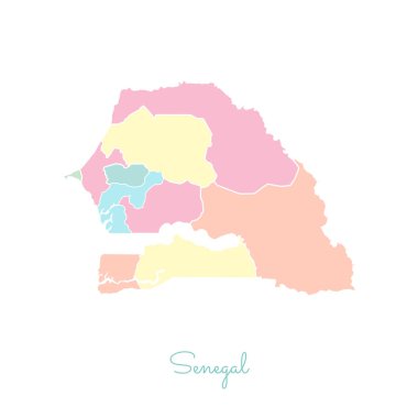 Senegal bölgesi Haritası ayrıntılı Beyaz anahat ile renkli harita Senegal bölgelerinde vektör