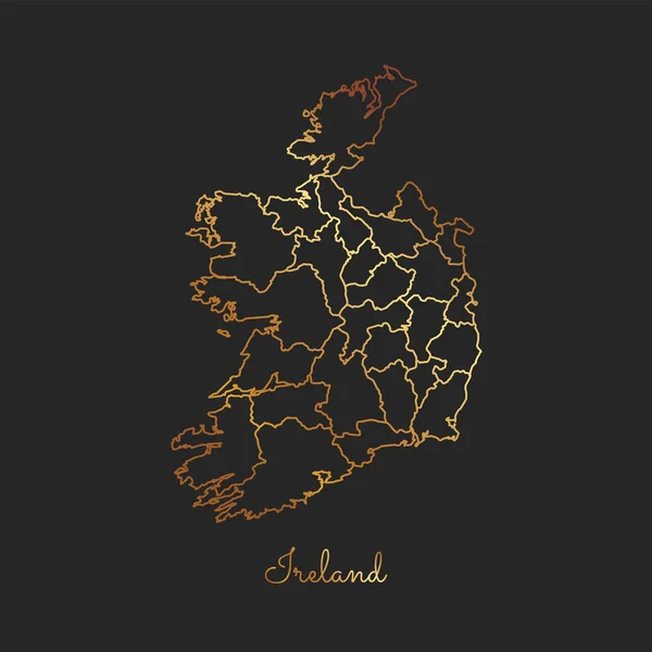Carte de la région Irlande contour dégradé doré sur fond sombre Carte détaillée des régions Irlande — Image vectorielle