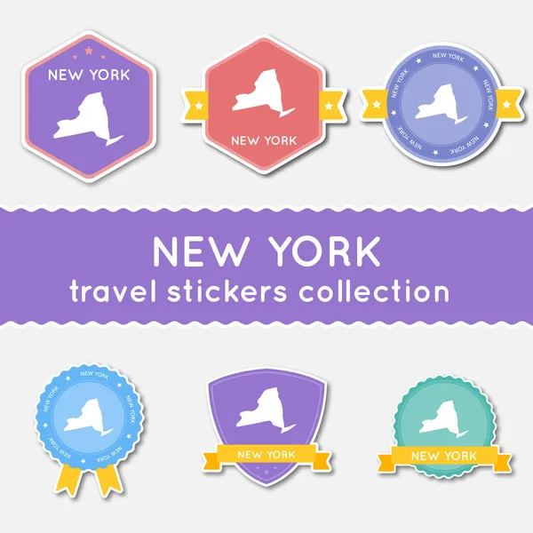 Colección de pegatinas de viaje de Nueva York Gran conjunto de pegatinas con mapa del estado de Estados Unidos y nombre Material plano — Vector de stock