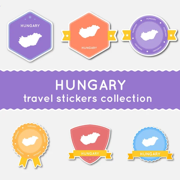ハンガリー旅行ステッカー コレクション国地図と名前のフラット素材とステッカーの大きなセット — ストックベクタ