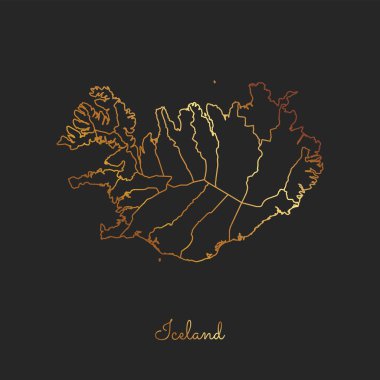 İzlanda bölgesi harita altın gradyan anahat koyu arka plan detaylı harita İzlanda bölgeler üzerinde