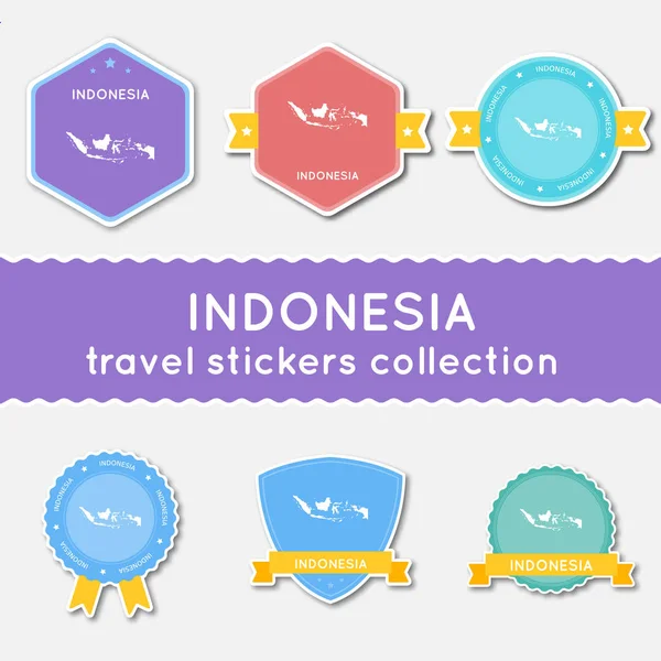 Индонезия коллекция дорожных наклеек Большой набор наклеек с картой страны и названием Плоский материал — стоковый вектор