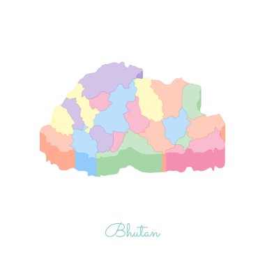 Bhutan bölgesi harita renkli izometrik üstten görünüm ayrıntılı harita Bhutan bölgeleri vektör çizim