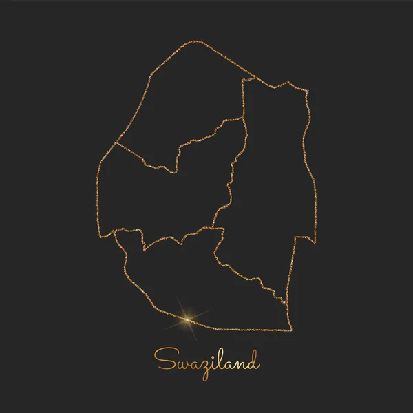 Swasiland-Landkarte goldener Glitzerumriss mit funkelnden Sternen auf dunklem Hintergrund Detailkarte — Stockvektor