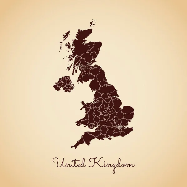 Mapa de la región del Reino Unido estilo retro contorno marrón sobre el fondo viejo de papel Mapa detallado de Reino Unido — Vector de stock