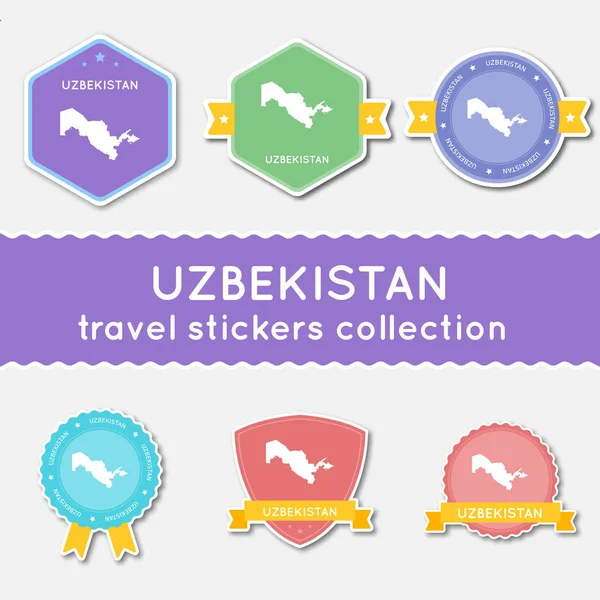 Uzbekistán colección de pegatinas de viaje Gran conjunto de pegatinas con mapa de país y nombre Material plano — Vector de stock