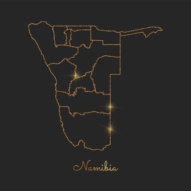 Namibya bölgesi harita altın glitter anahat parlak yıldız koyu arka planda ayrıntılı göster