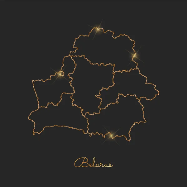 Belarus region map golden glitter outline with sparkling stars on dark background Detailed map of — Stock Vector