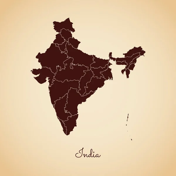 Коричневый контур в стиле ретро на старом бумажном фоне Подробная карта регионов Индии — стоковый вектор